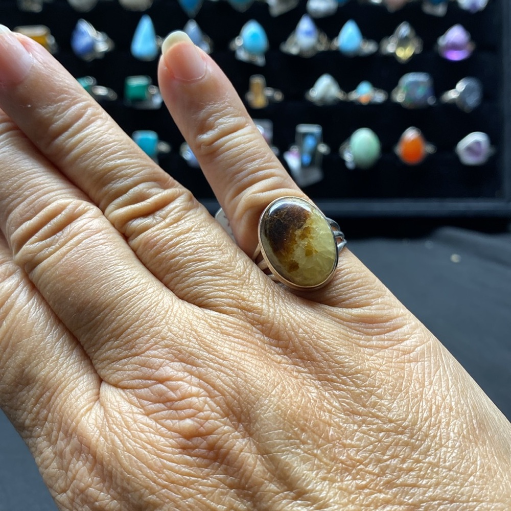 🆕 YELLOW SEPTARIAN 💛🤎💛 RING SIZE 7 IN SOLID STERLING SILVER 925 - Picture 3 of 7